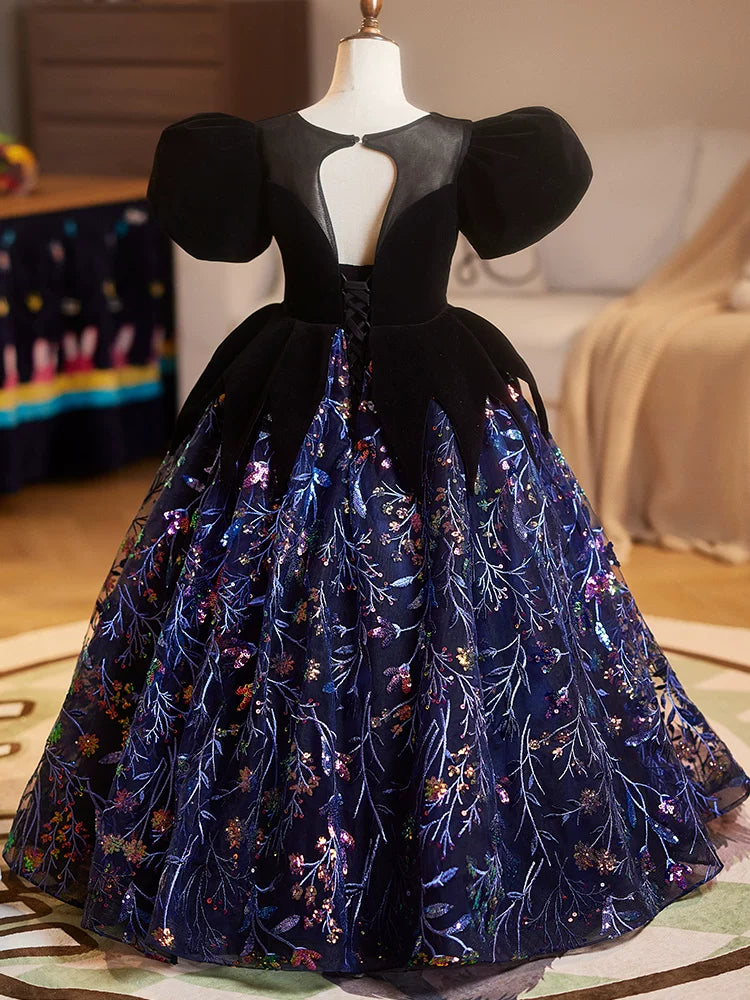 Girls' Sequin A-Line Maxi Dress – Black Party & Formal Gown for Ages 3-12