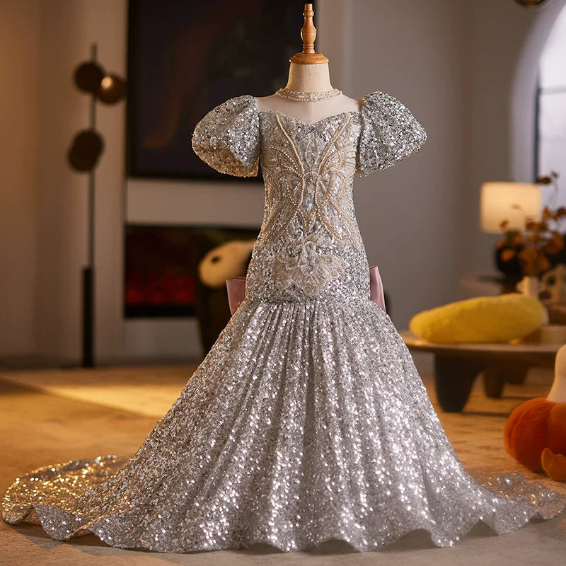 Girls' Mermaid Fishtail Sequin Party Dress with Bow & Train | Grey Evening Gown for Kids