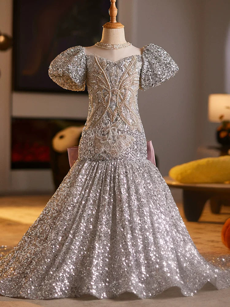 Girls' Mermaid Fishtail Sequin Party Dress with Bow & Train | Grey Evening Gown for Kids