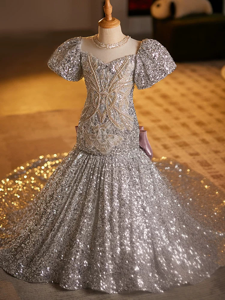 Girls' Mermaid Fishtail Sequin Party Dress with Bow & Train | Grey Evening Gown for Kids