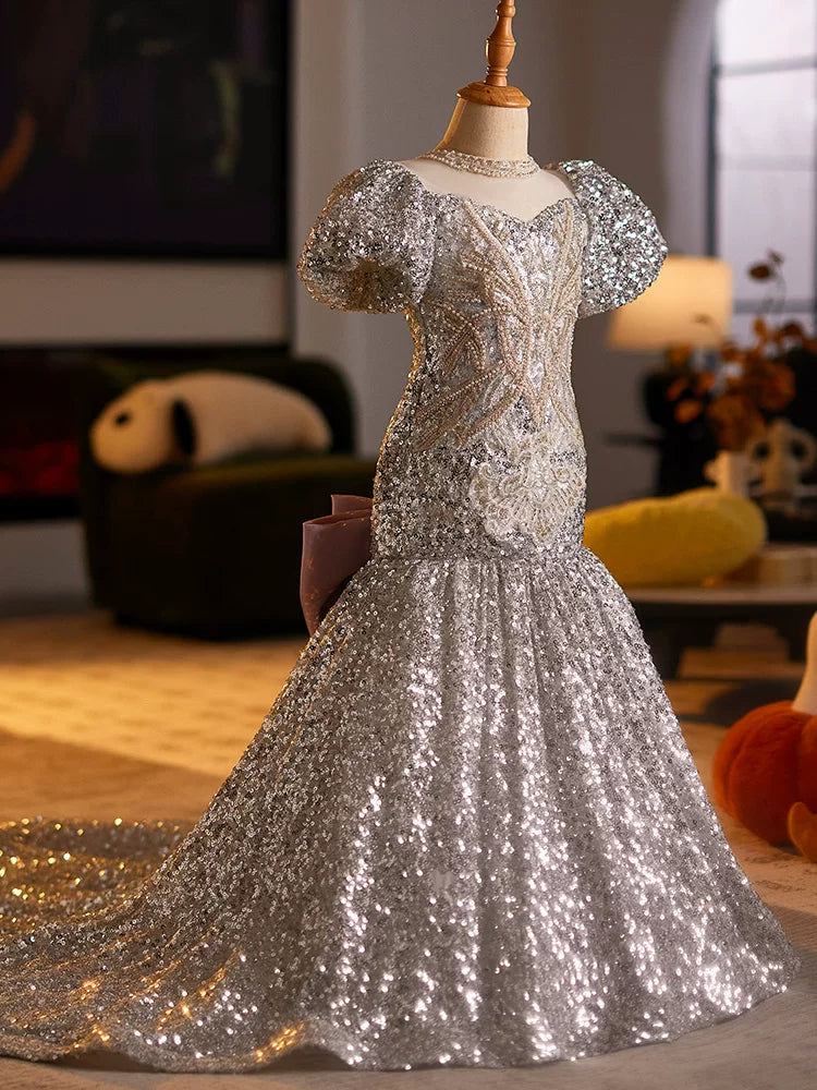 Girls' Mermaid Fishtail Sequin Party Dress with Bow & Train | Grey Evening Gown for Kids