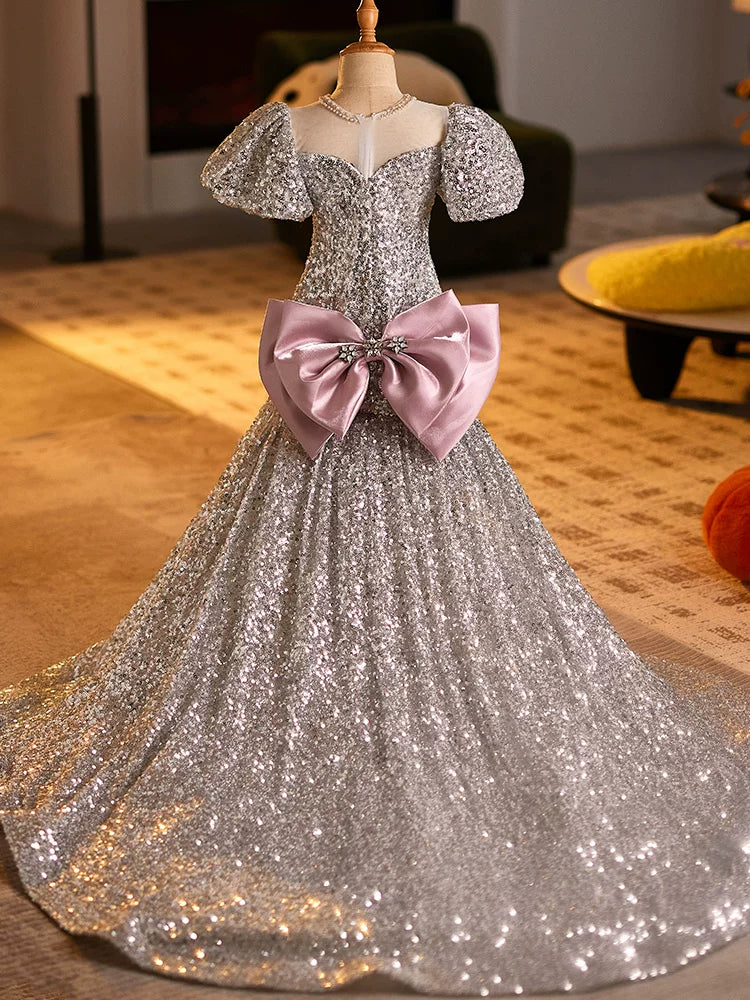 Girls' Mermaid Fishtail Sequin Party Dress with Bow & Train | Grey Evening Gown for Kids