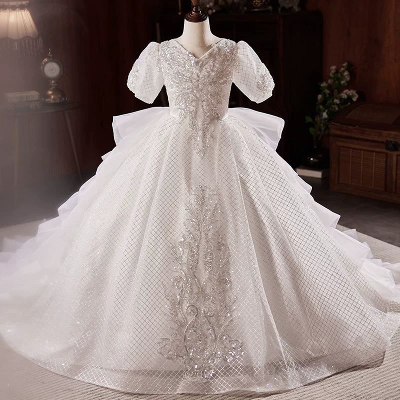 Girls' A-line Sequin Mesh Maxi Dress with Train for Weddings & Parties