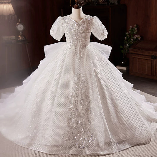 Girls' A-line Sequin Mesh Maxi Dress with Train for Weddings & Parties