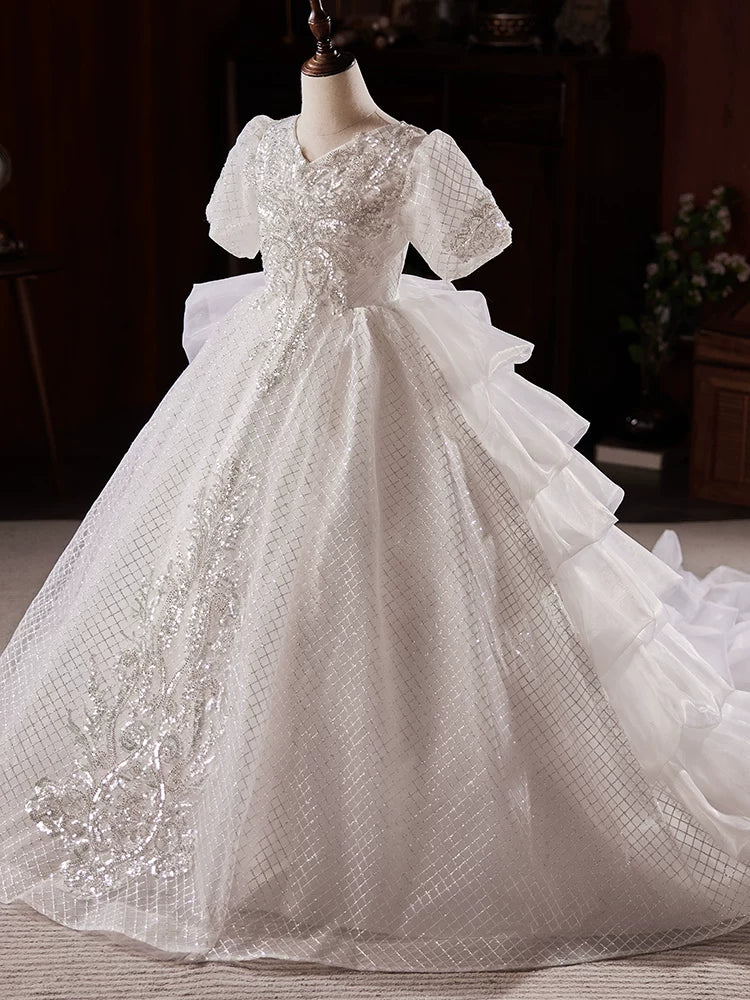 Girls' A-line Sequin Mesh Maxi Dress with Train for Weddings & Parties