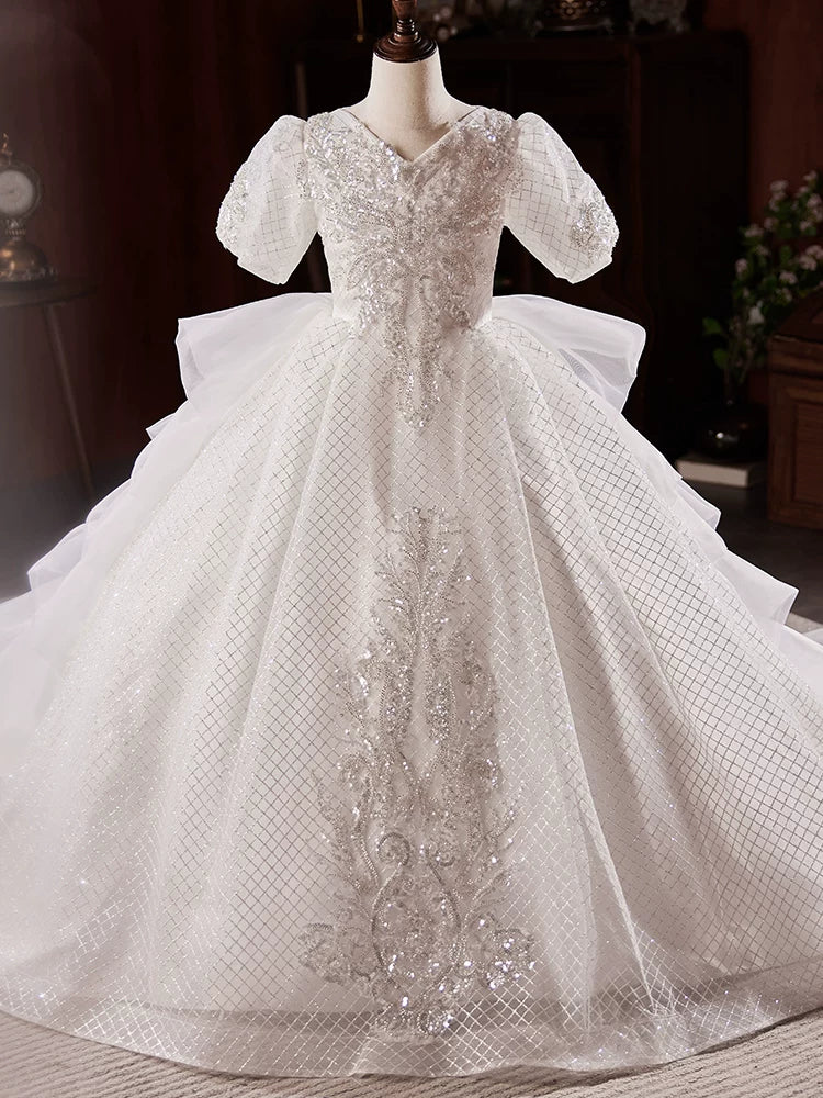 Girls' A-line Sequin Mesh Maxi Dress with Train for Weddings & Parties