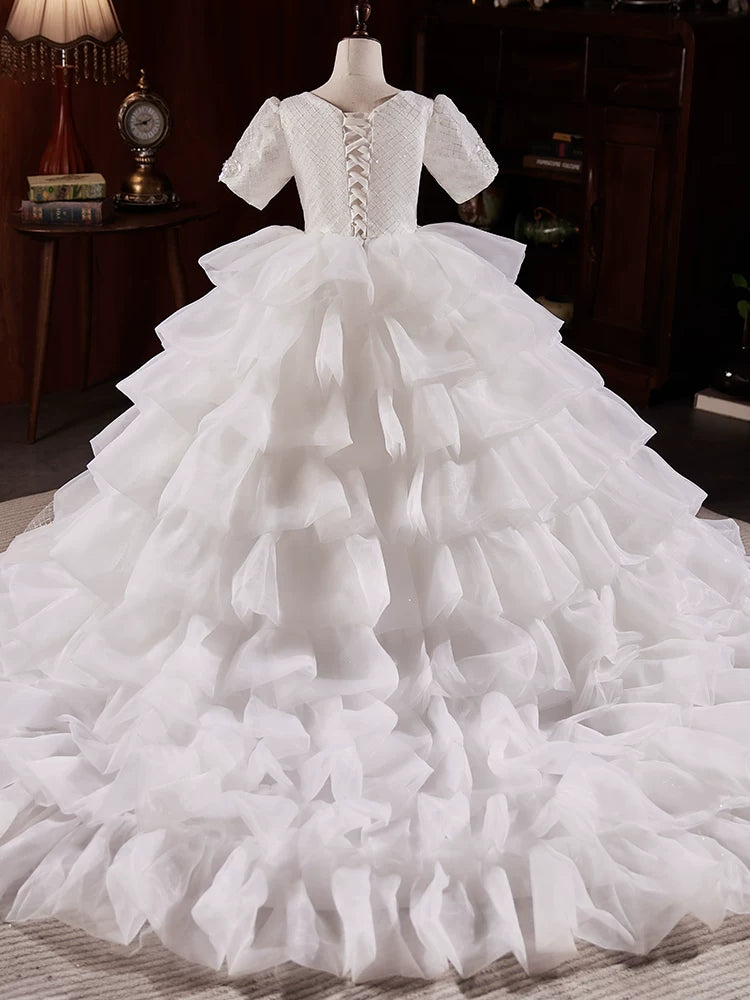 Girls' A-line Sequin Mesh Maxi Dress with Train for Weddings & Parties