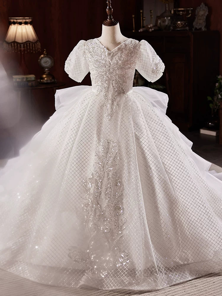 Girls' A-line Sequin Mesh Maxi Dress with Train for Weddings & Parties