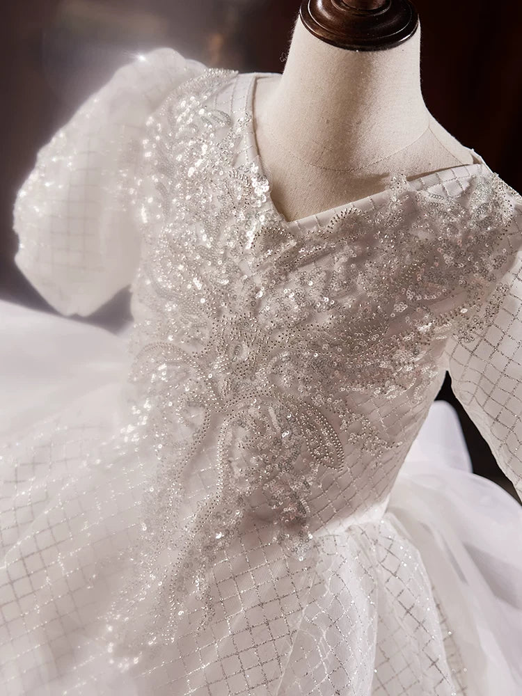 Girls' A-line Sequin Mesh Maxi Dress with Train for Weddings & Parties