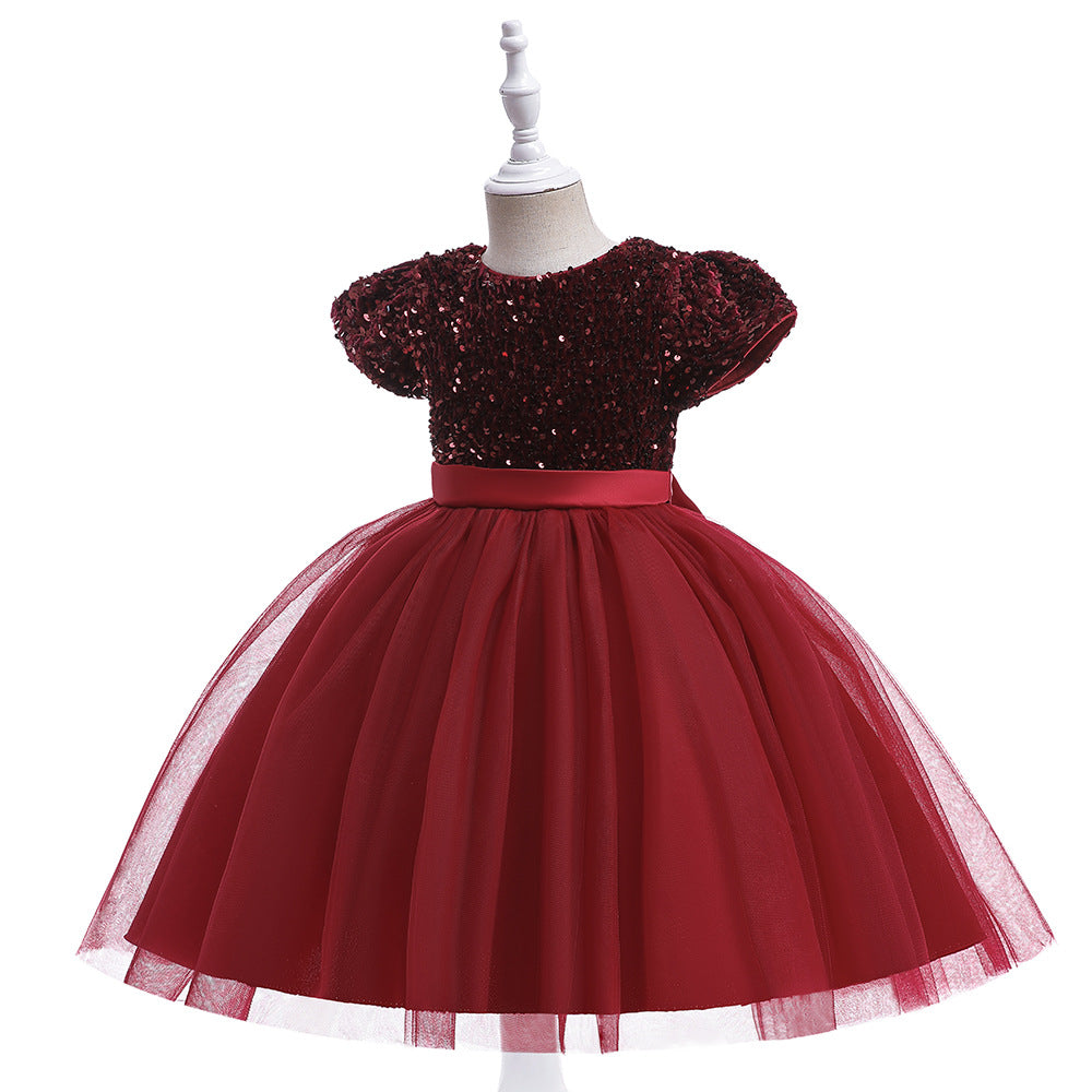Sequin Puffy Princess Dress for Girls with Bowknot – Party & Flower Girl Gown