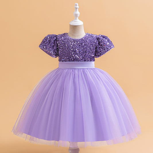 Sequin Puffy Princess Dress for Girls with Bowknot – Party & Flower Girl Gown
