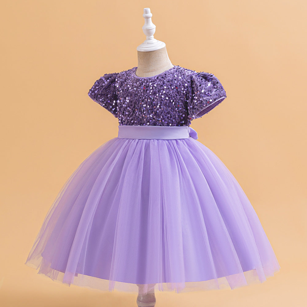 Sequin Puffy Princess Dress for Girls with Bowknot – Party & Flower Girl Gown