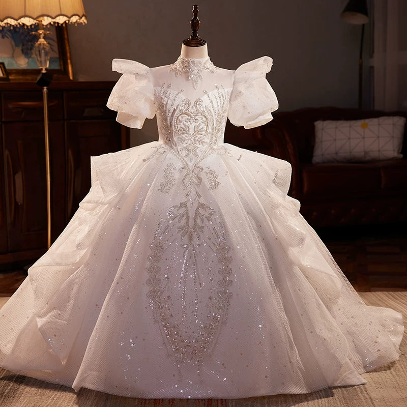 White Sequin Tiered A-Line Maxi Dress for Girls with Illusion Neckline & Train