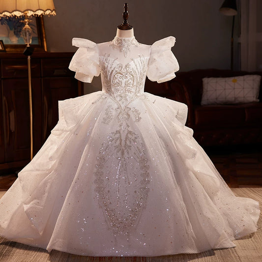 White Sequin Tiered A-Line Maxi Dress for Girls with Illusion Neckline & Train