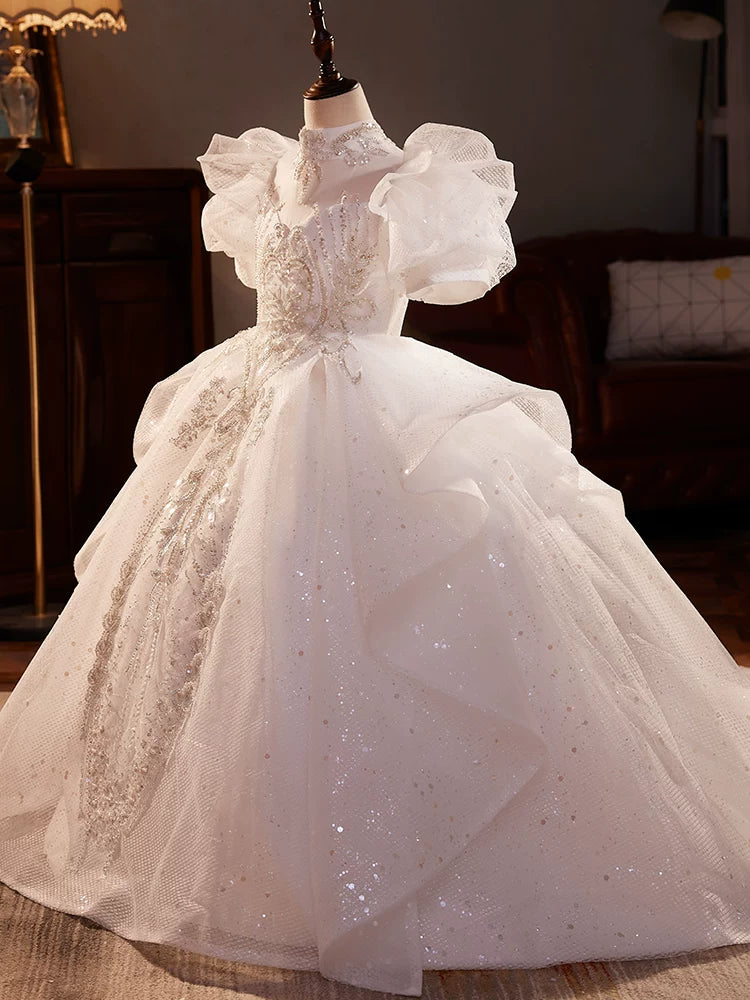 White Sequin Tiered A-Line Maxi Dress for Girls with Illusion Neckline & Train