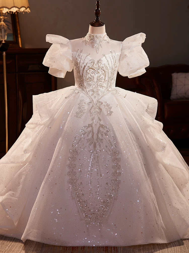 White Sequin Tiered A-Line Maxi Dress for Girls with Illusion Neckline & Train