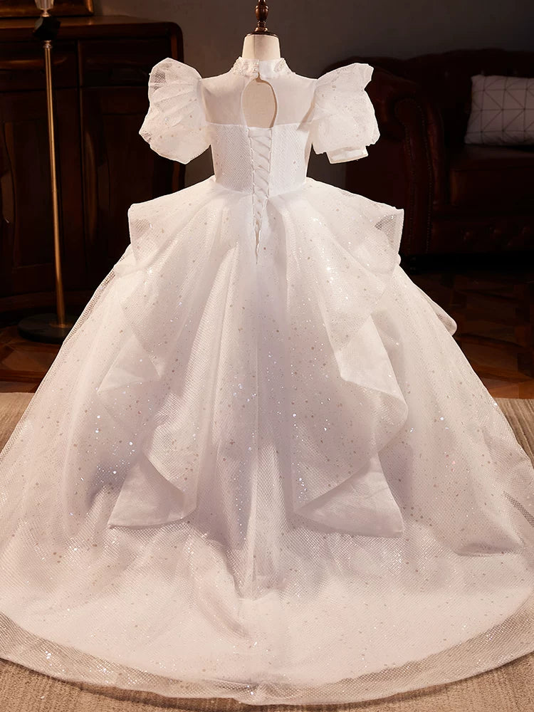 White Sequin Tiered A-Line Maxi Dress for Girls with Illusion Neckline & Train