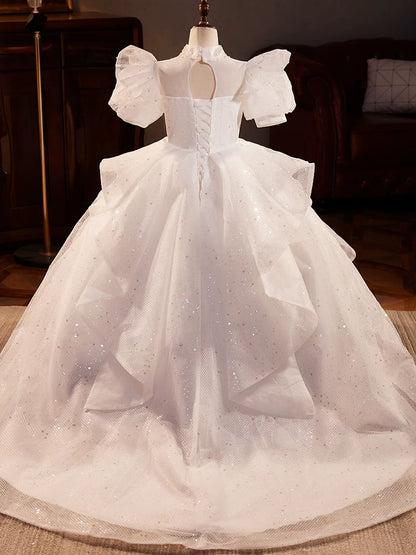 White Sequin Tiered A-Line Maxi Dress for Girls with Illusion Neckline & Train