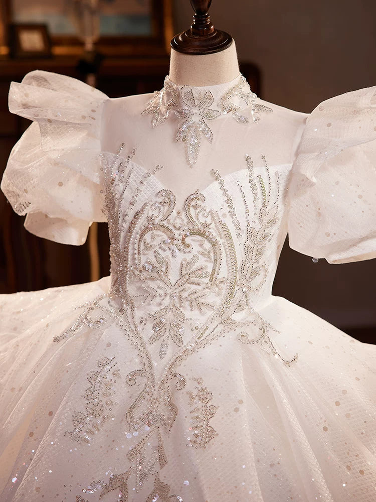 White Sequin Tiered A-Line Maxi Dress for Girls with Illusion Neckline & Train