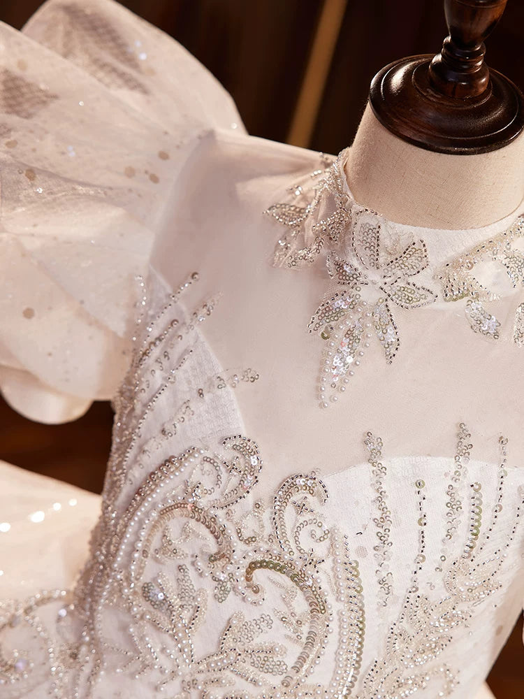 White Sequin Tiered A-Line Maxi Dress for Girls with Illusion Neckline & Train