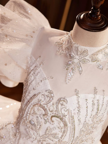White Sequin Tiered A-Line Maxi Dress for Girls with Illusion Neckline & Train