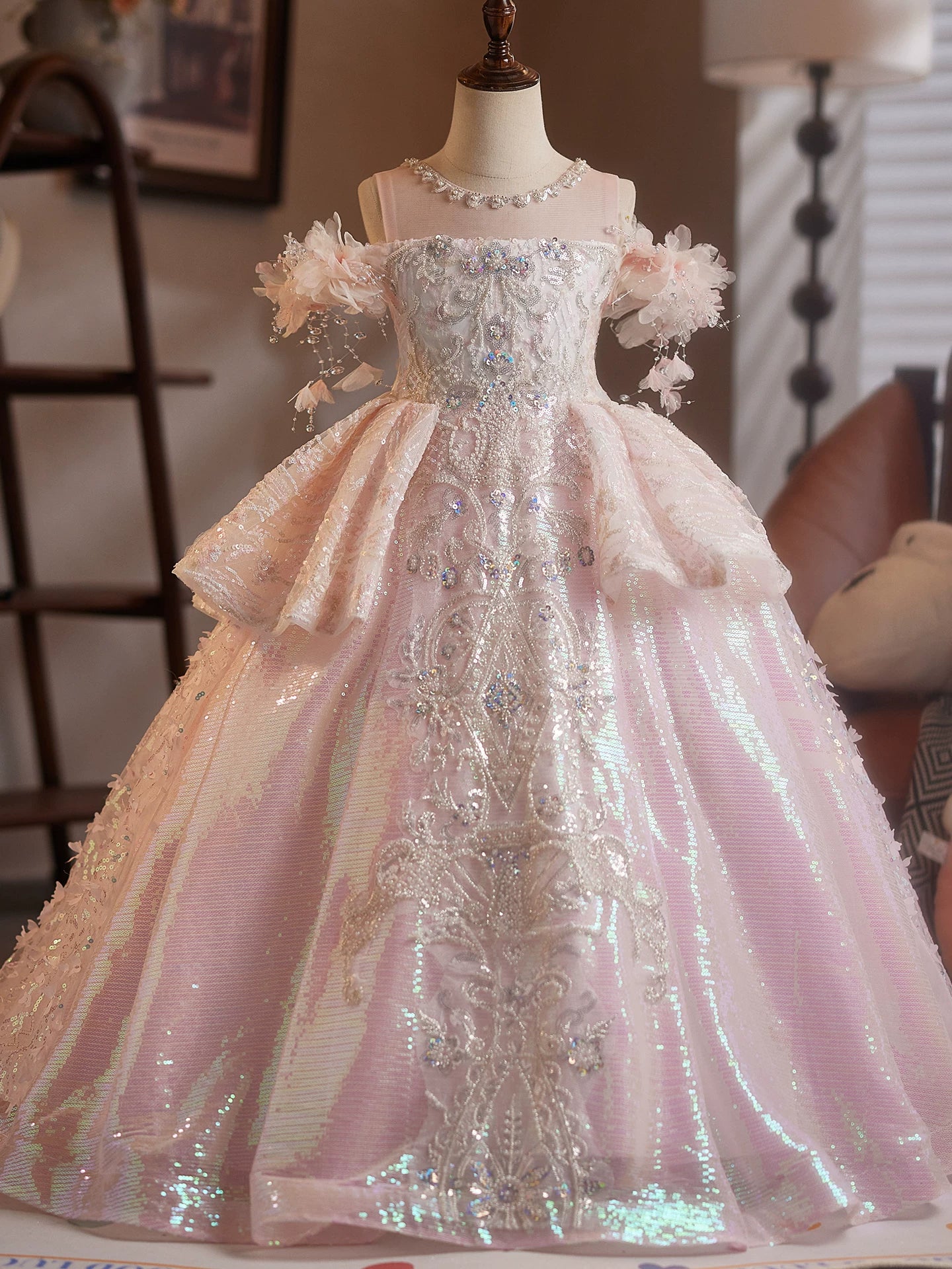 Girls Light Pink Sequin Off Shoulder Tiered Maxi Dress – For Parties, Weddings & Celebrations