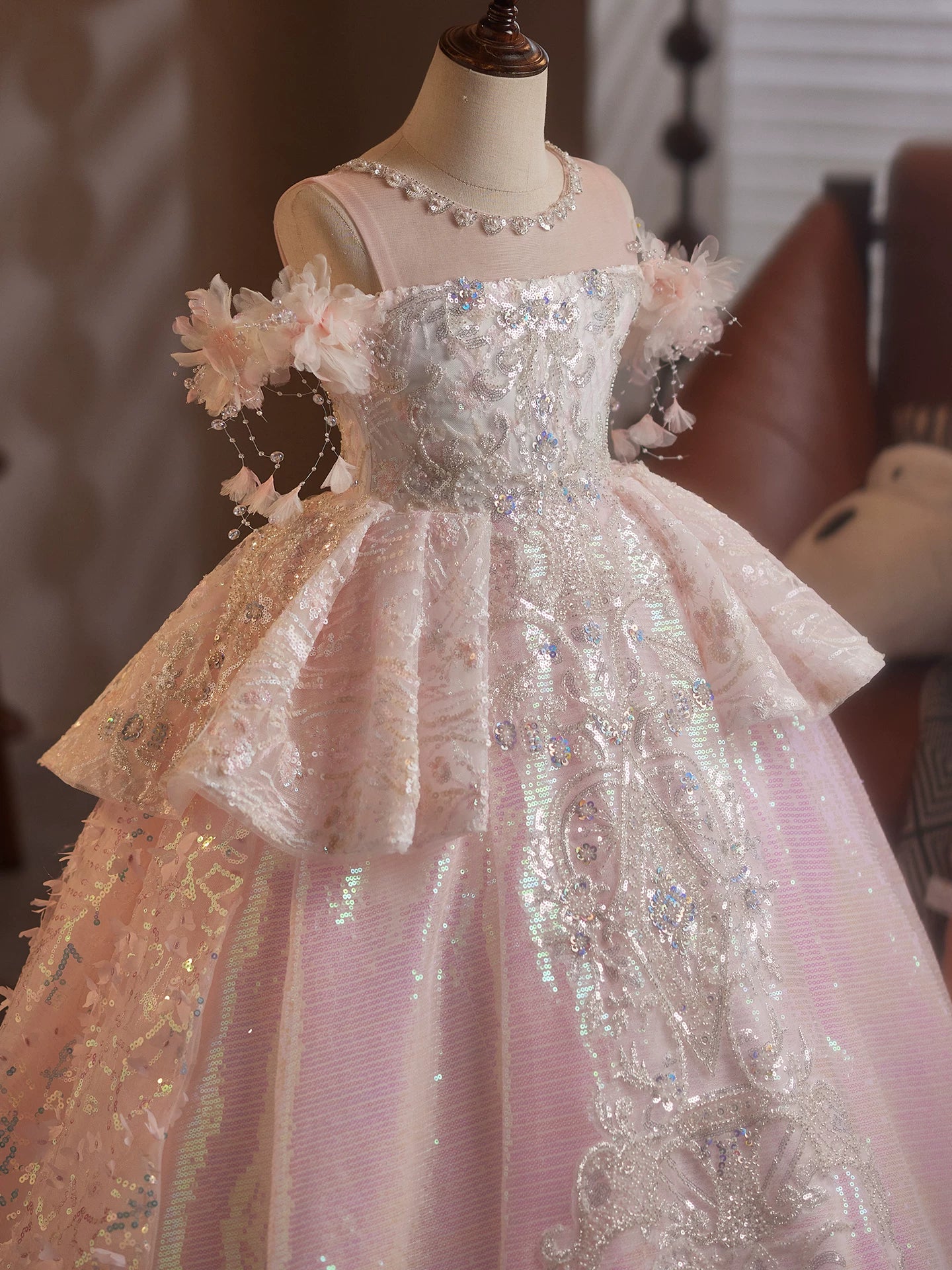 Girls Light Pink Sequin Off Shoulder Tiered Maxi Dress – For Parties, Weddings & Celebrations