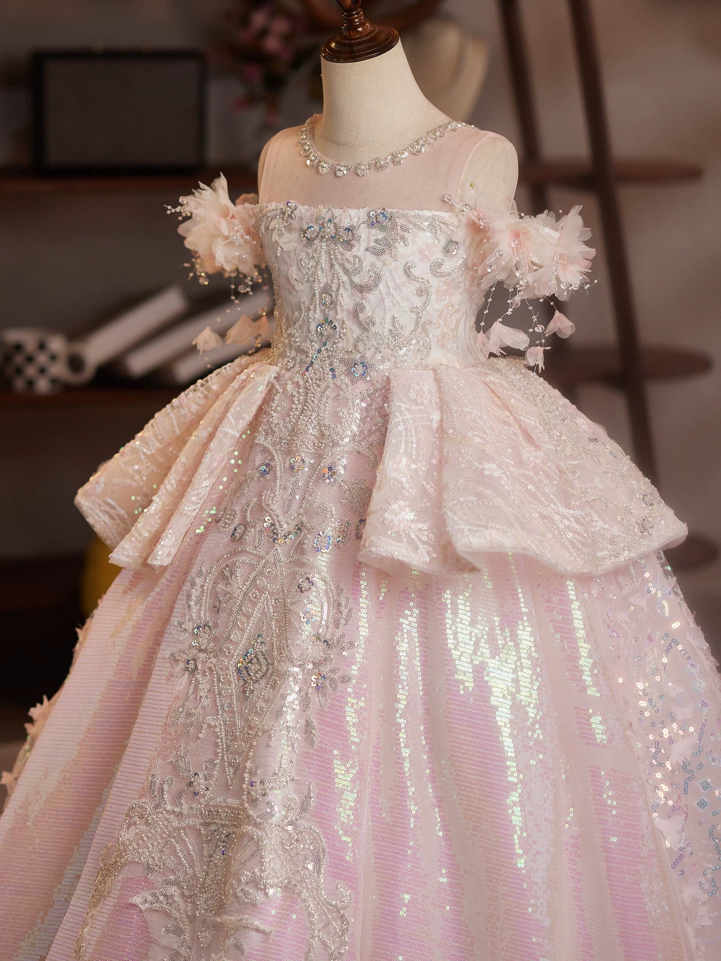 Girls Light Pink Sequin Off Shoulder Tiered Maxi Dress – For Parties, Weddings & Celebrations