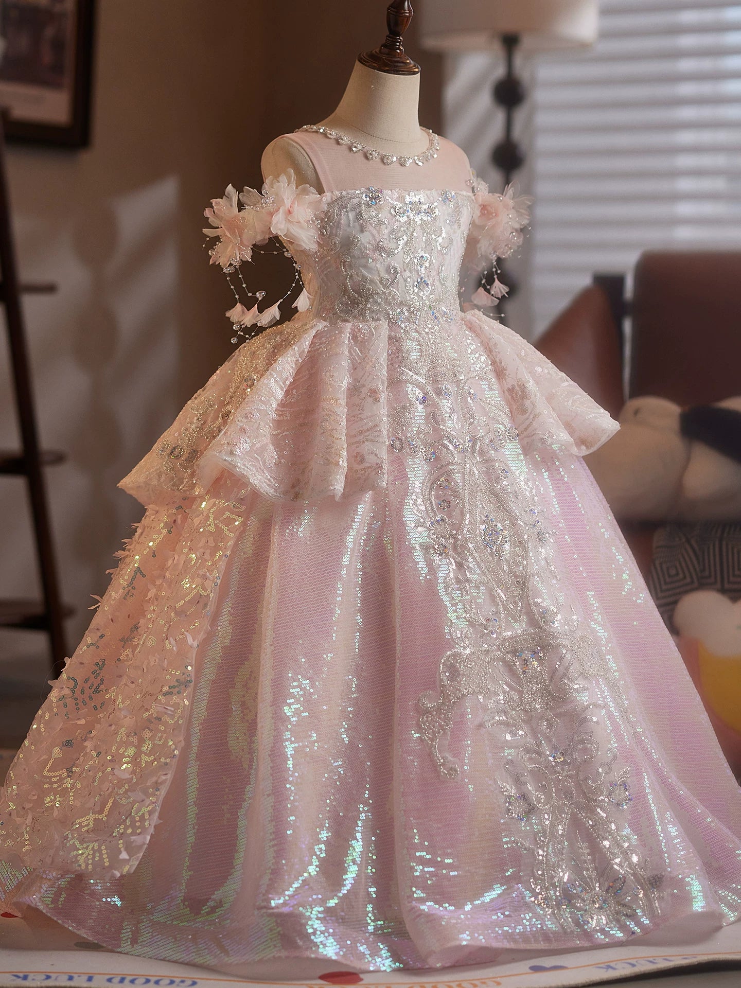 Girls Light Pink Sequin Off Shoulder Tiered Maxi Dress – For Parties, Weddings & Celebrations