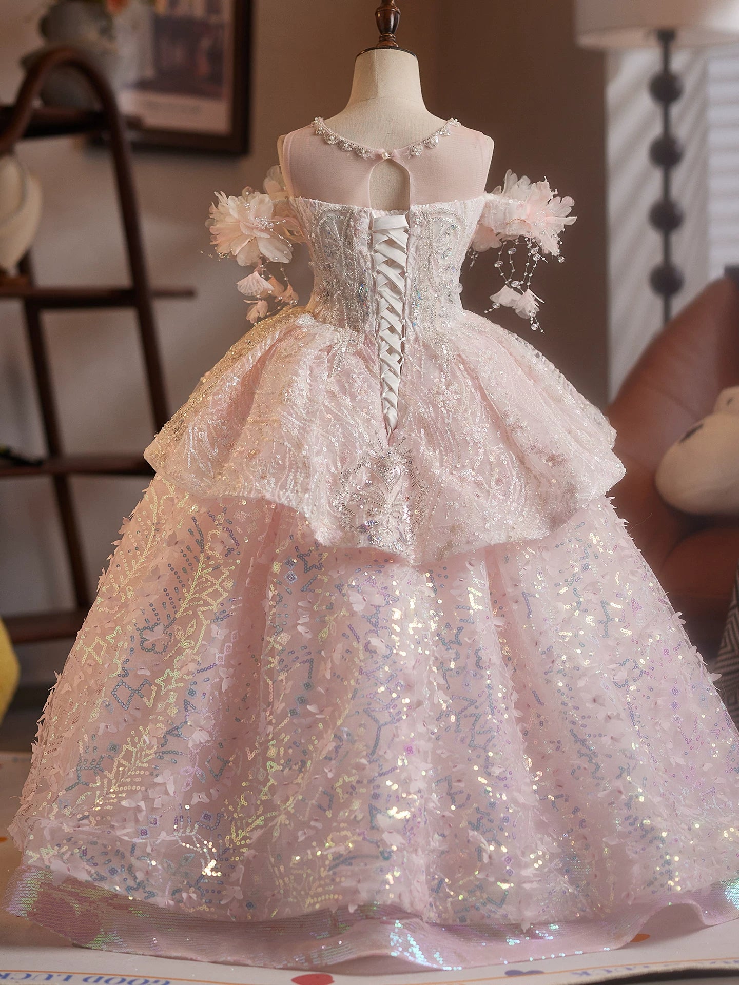 Girls Light Pink Sequin Off Shoulder Tiered Maxi Dress – For Parties, Weddings & Celebrations