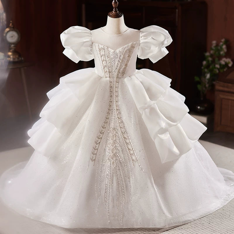 Cute White Mesh A-line Flower Girl Dress with Train & Sequins for Ages 3-12