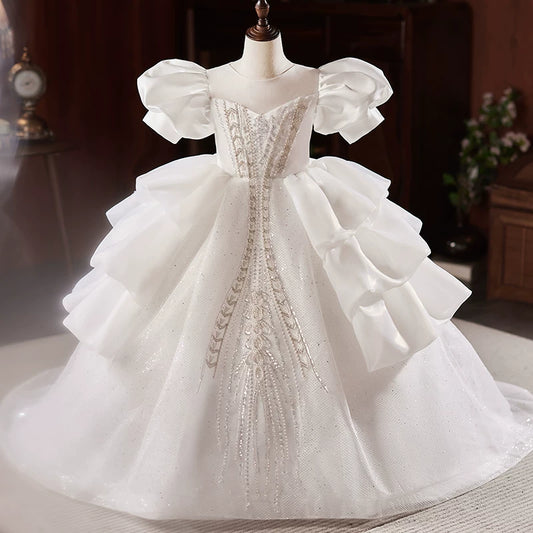 Cute White Mesh A-line Flower Girl Dress with Train & Sequins for Ages 3-12