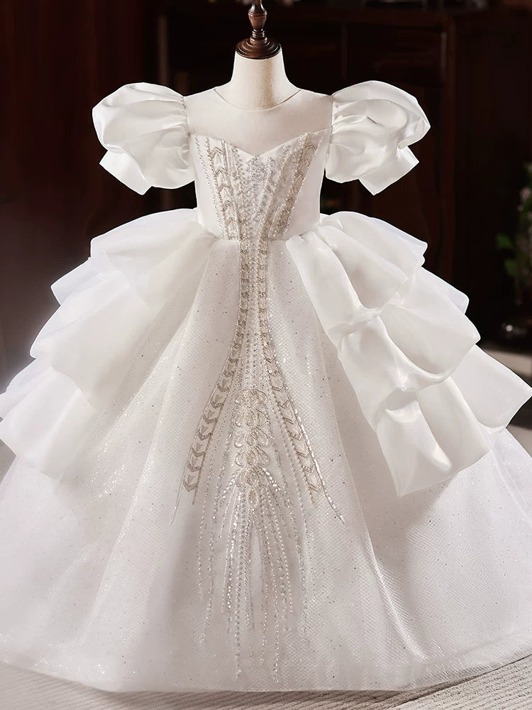 Cute White Mesh A-line Flower Girl Dress with Train & Sequins for Ages 3-12