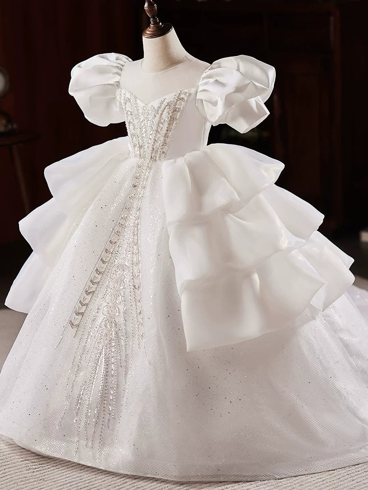 Cute White Mesh A-line Flower Girl Dress with Train & Sequins for Ages 3-12