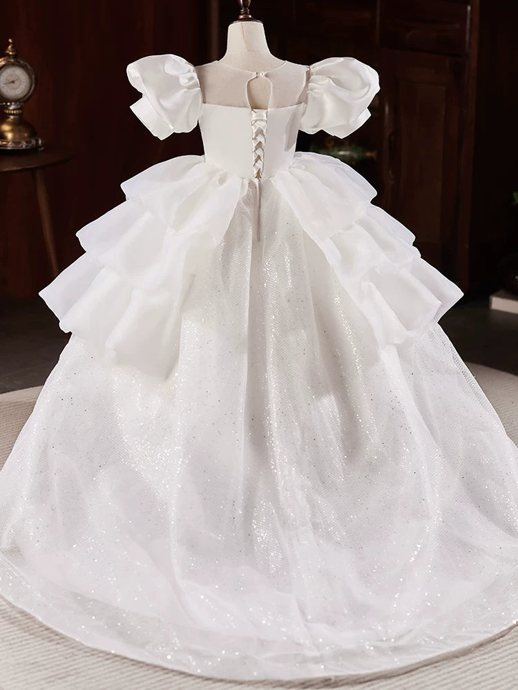Cute White Mesh A-line Flower Girl Dress with Train & Sequins for Ages 3-12