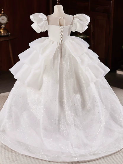 Cute White Mesh A-line Flower Girl Dress with Train & Sequins for Ages 3-12
