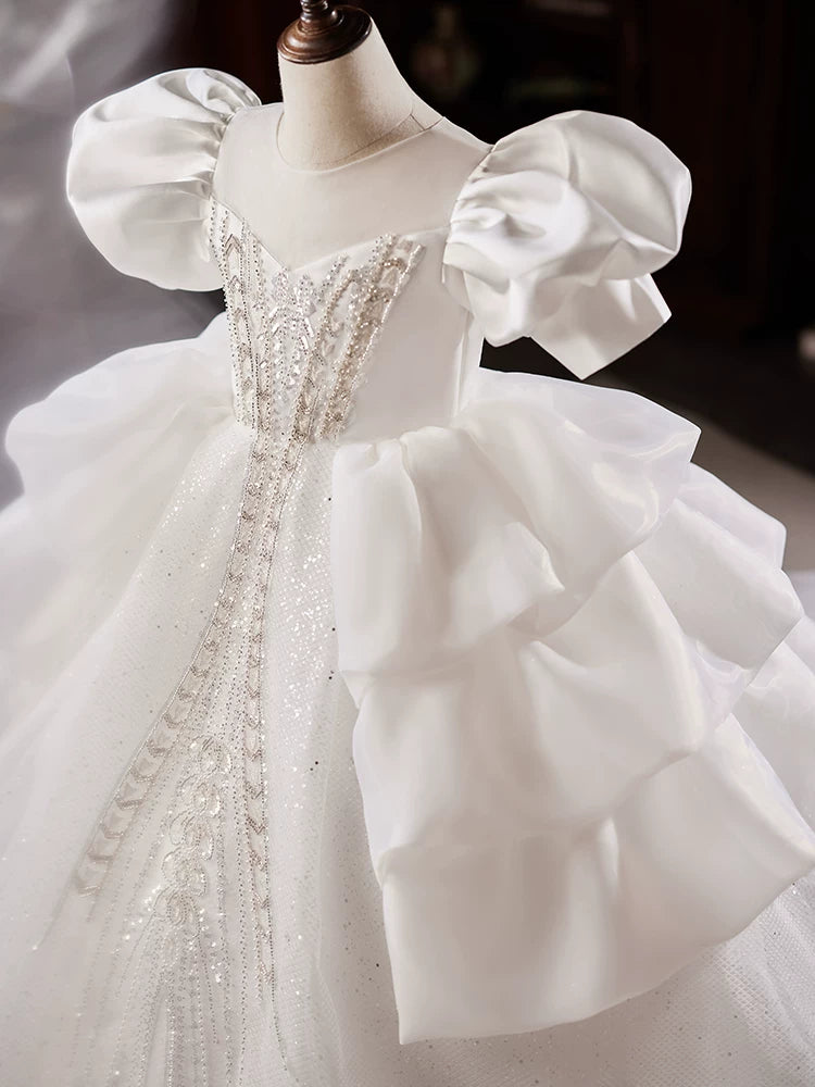 Cute White Mesh A-line Flower Girl Dress with Train & Sequins for Ages 3-12