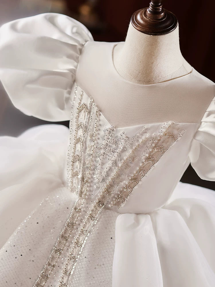 Cute White Mesh A-line Flower Girl Dress with Train & Sequins for Ages 3-12