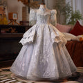 Girls' Silver Princess V-Neck Maxi Dress with Sequins and Lace
