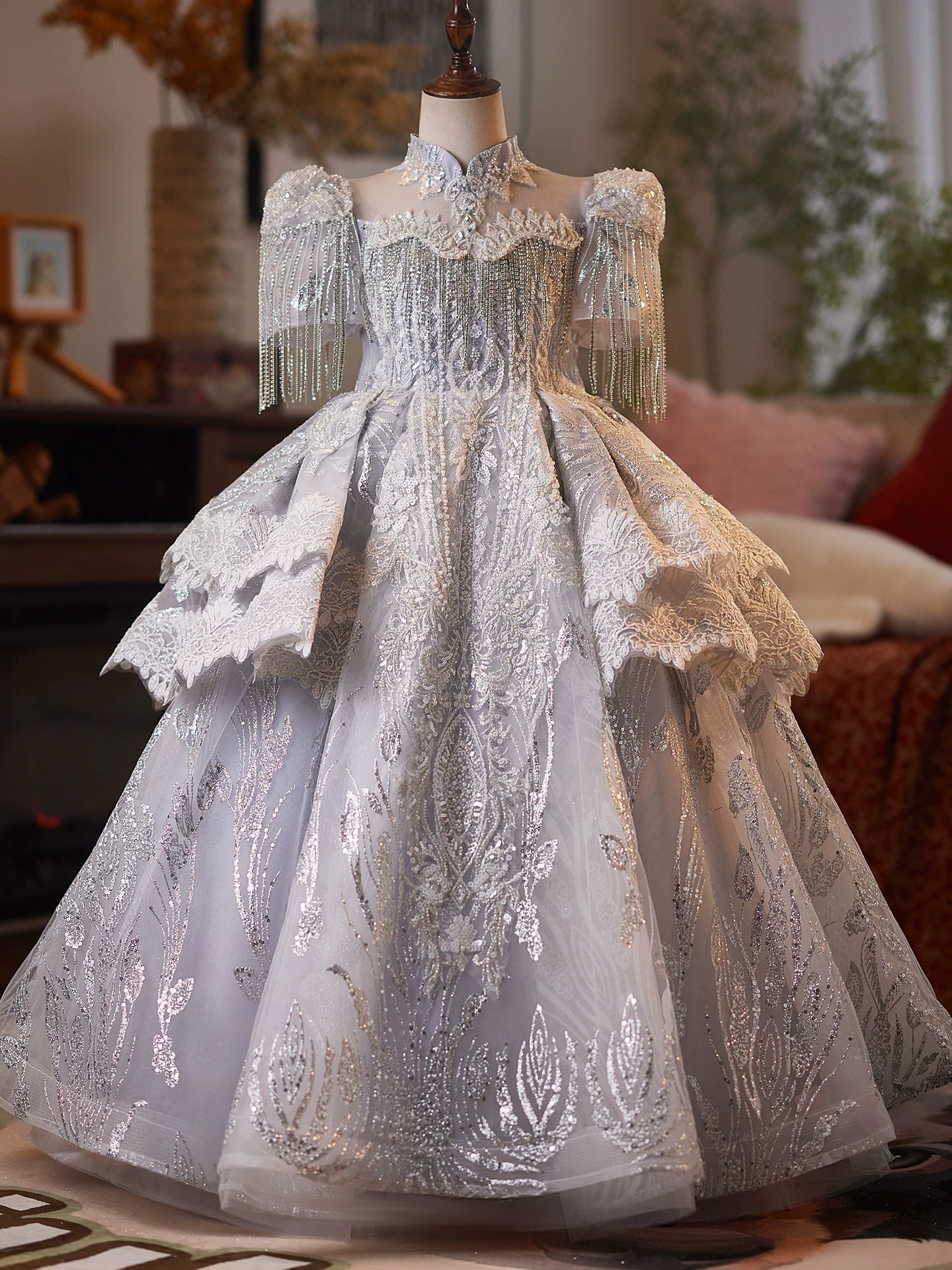 Silver Princess V-Neck Mesh Maxi Dress for Girls – Sequins, Lace & Tiered Skirt