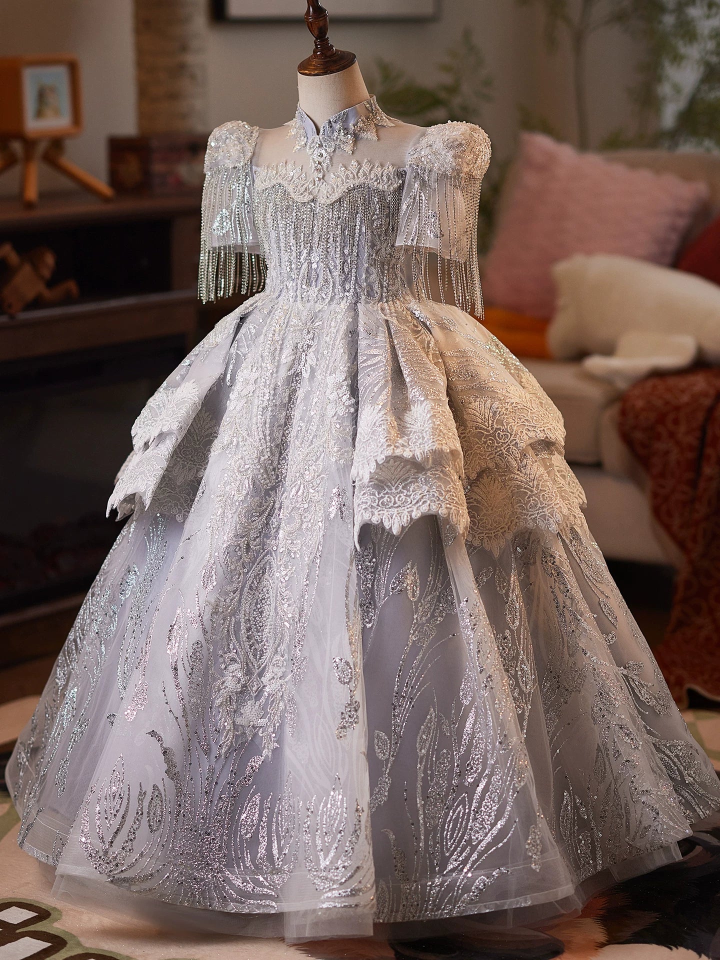 Silver Princess V-Neck Mesh Maxi Dress for Girls – Sequins, Lace & Tiered Skirt