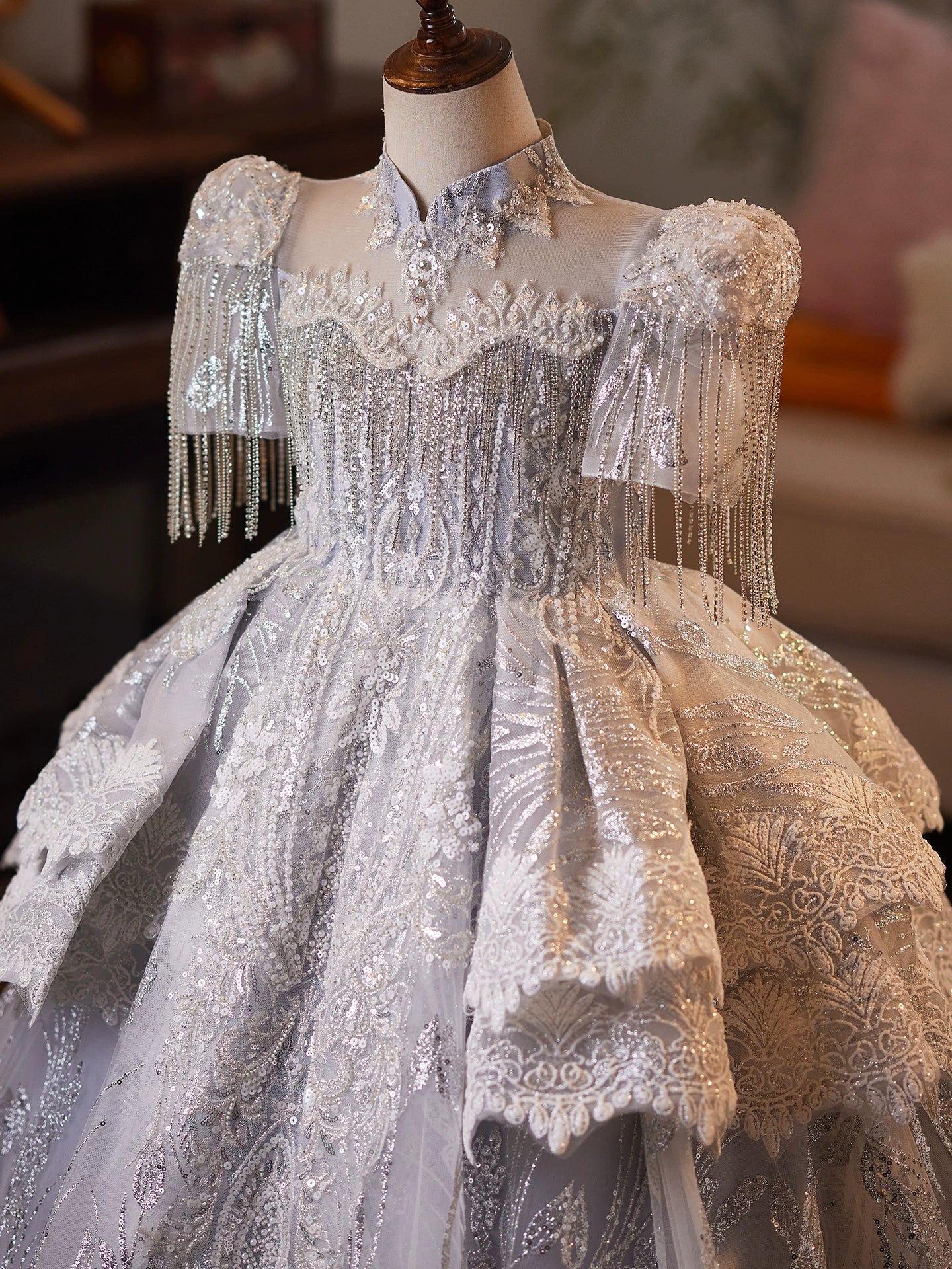 Silver Princess V-Neck Mesh Maxi Dress for Girls – Sequins, Lace & Tiered Skirt