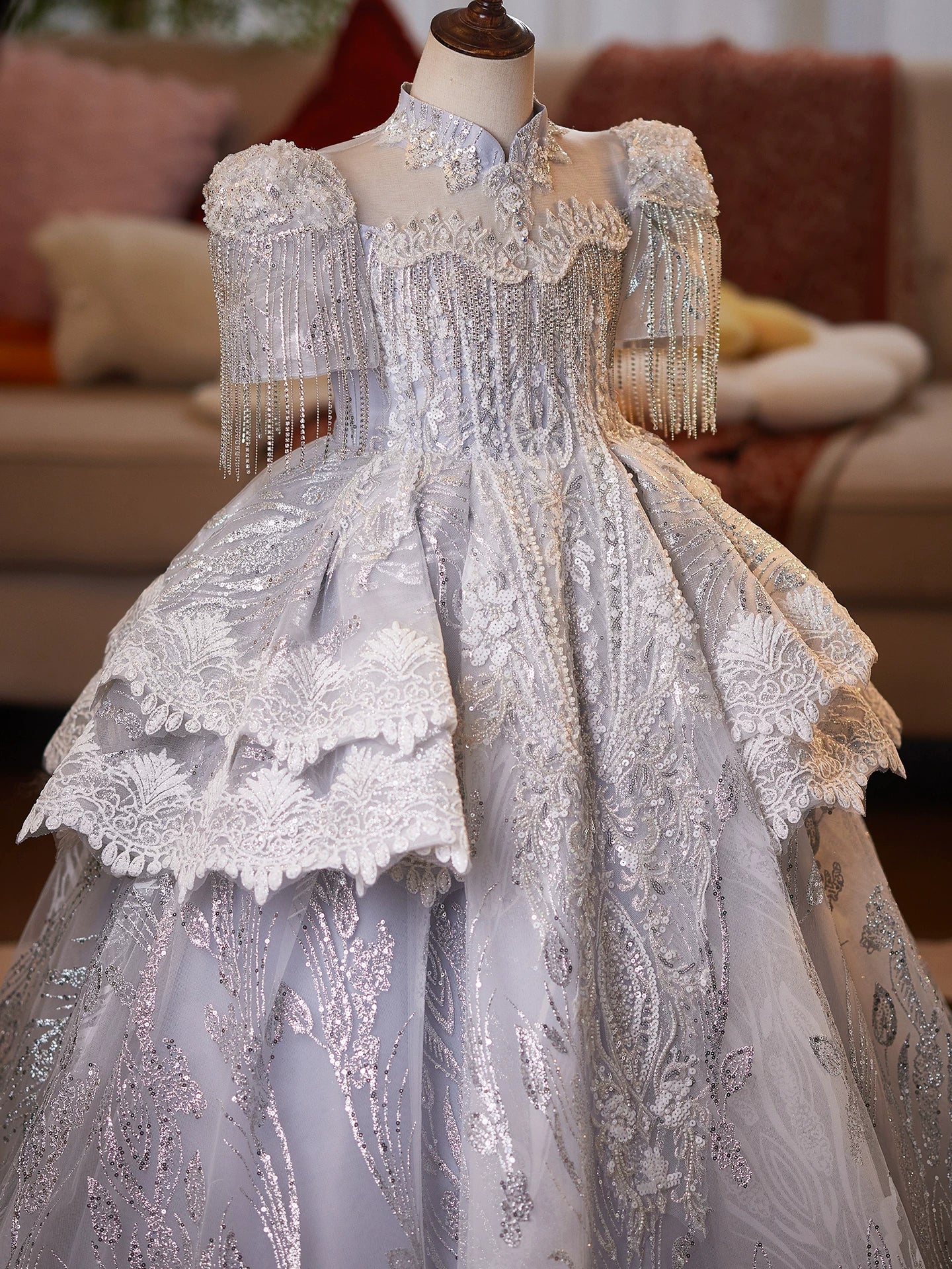 Silver Princess V-Neck Mesh Maxi Dress for Girls – Sequins, Lace & Tiered Skirt