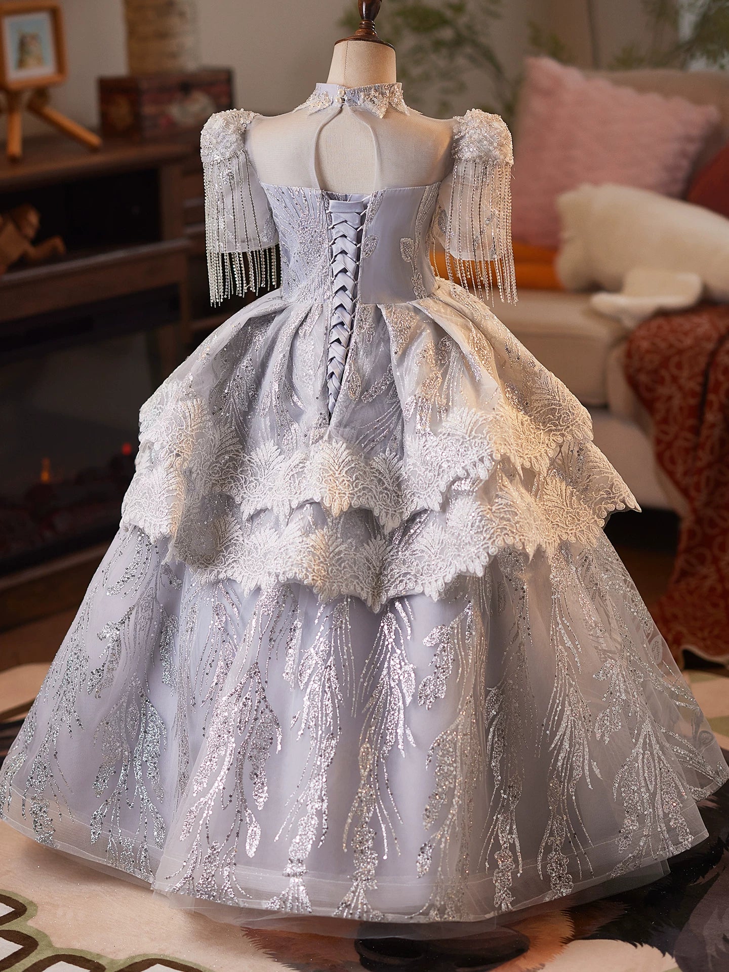 Silver Princess V-Neck Mesh Maxi Dress for Girls – Sequins, Lace & Tiered Skirt