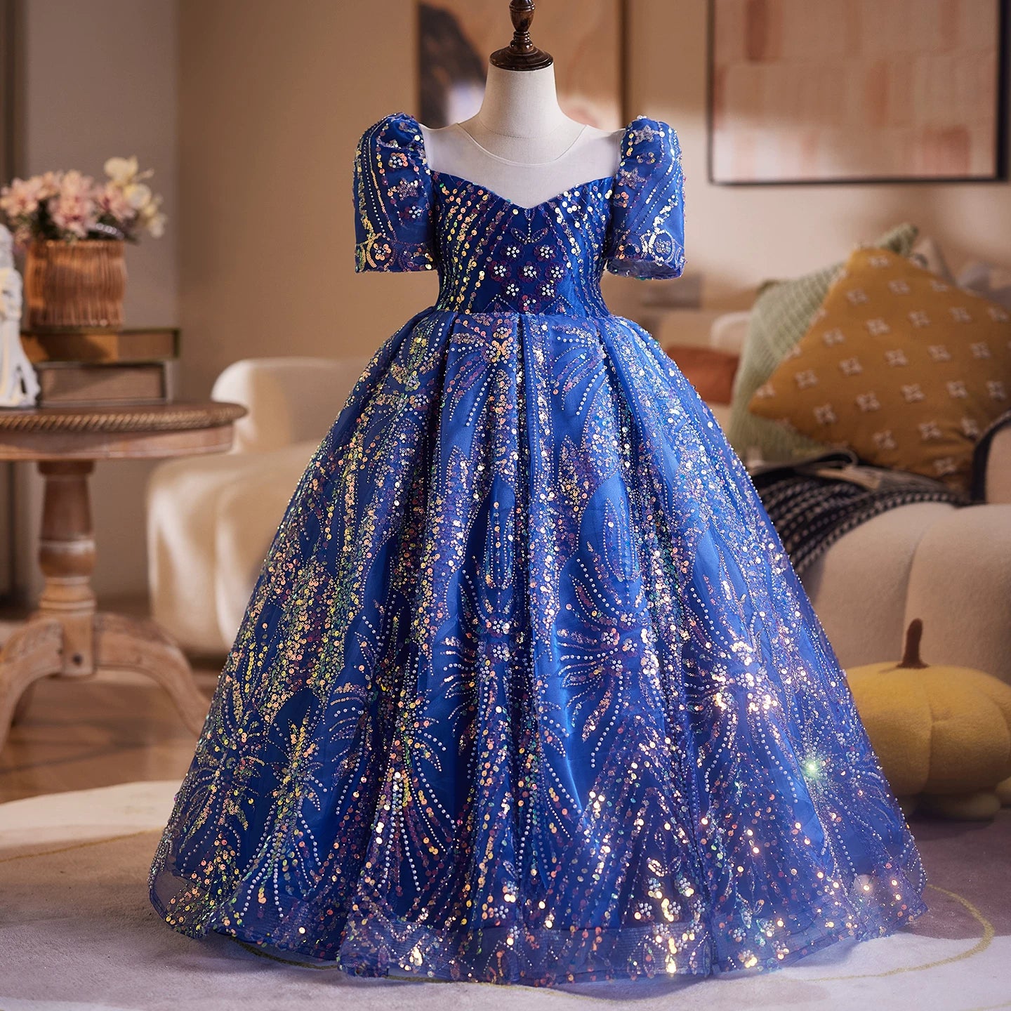 Blue Sparkling Sequin Maxi Princess Dress for Girls 3-12 Years | Party & Flower Girl Gown