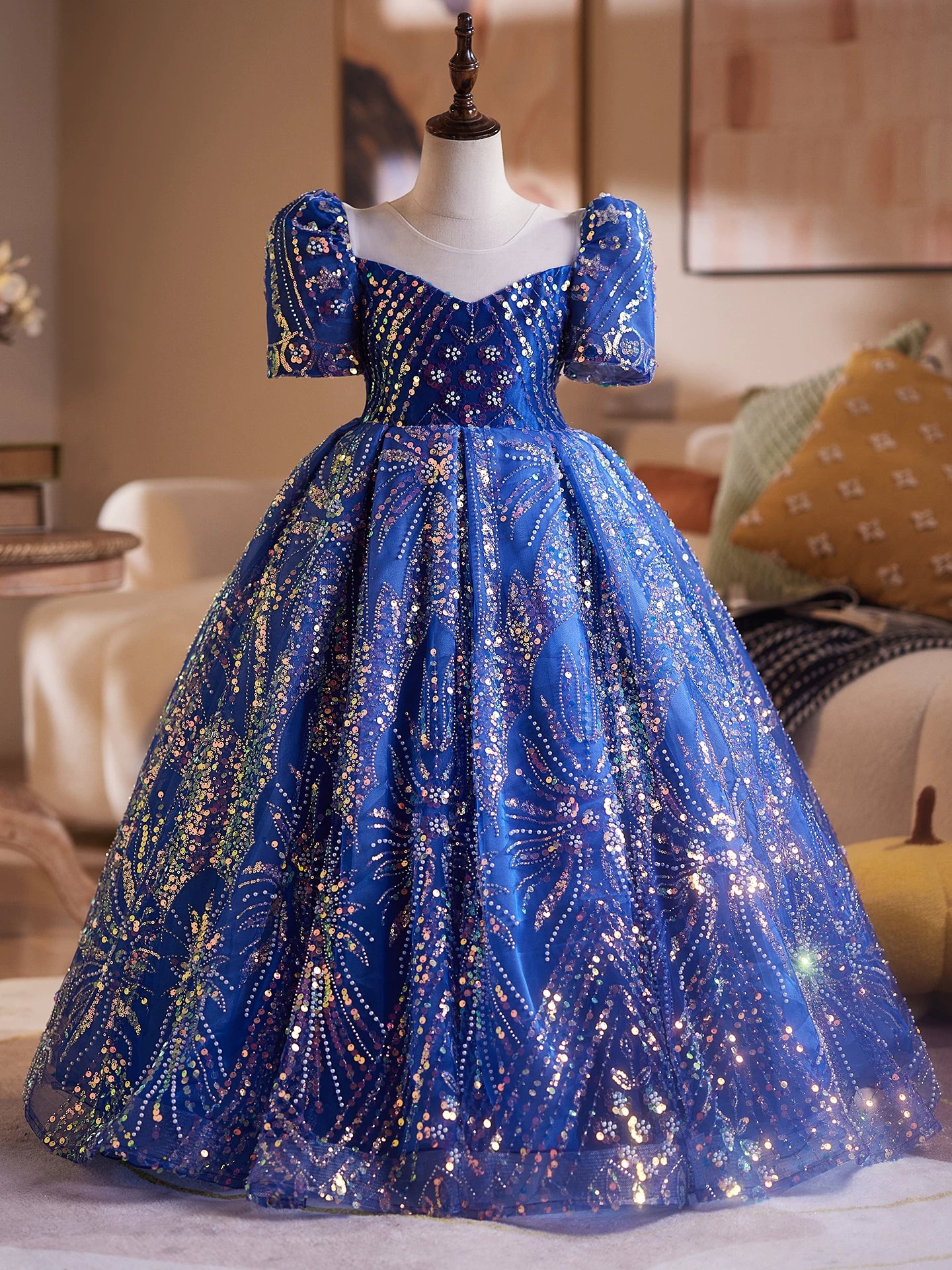 Blue Sparkling Sequin Maxi Princess Dress for Girls 3-12 Years | Party & Flower Girl Gown