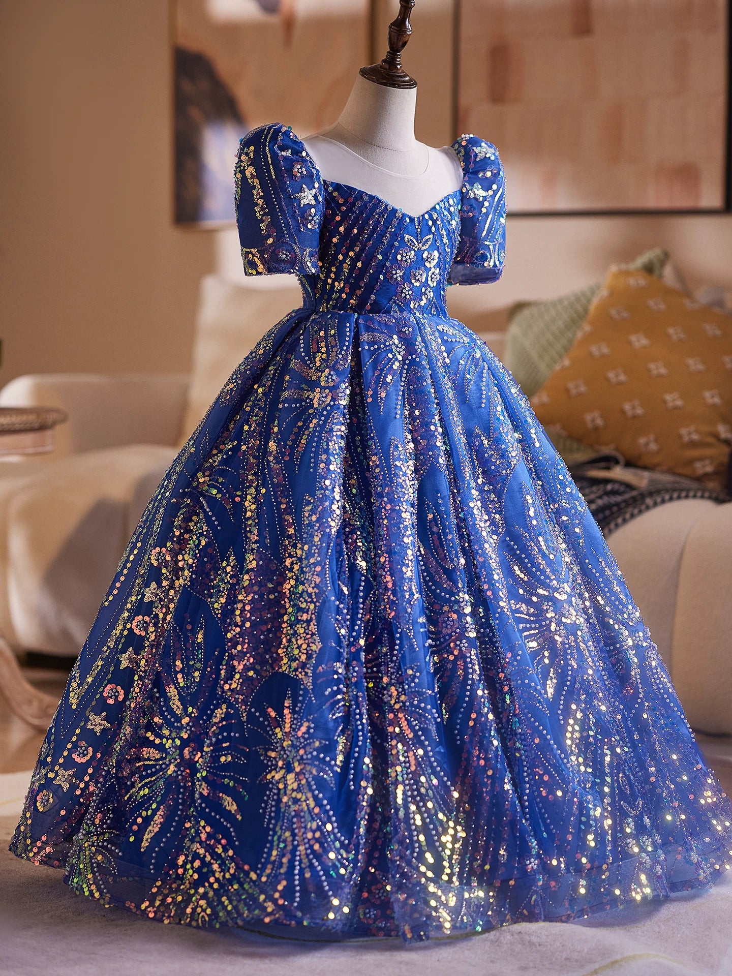 Blue Sparkling Sequin Maxi Princess Dress for Girls 3-12 Years | Party & Flower Girl Gown