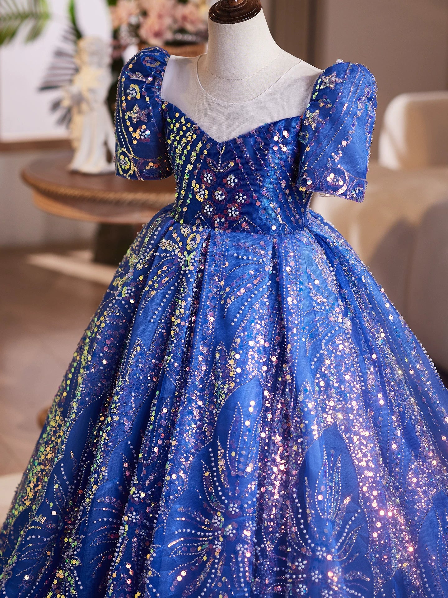 Blue Sparkling Sequin Maxi Princess Dress for Girls 3-12 Years | Party & Flower Girl Gown