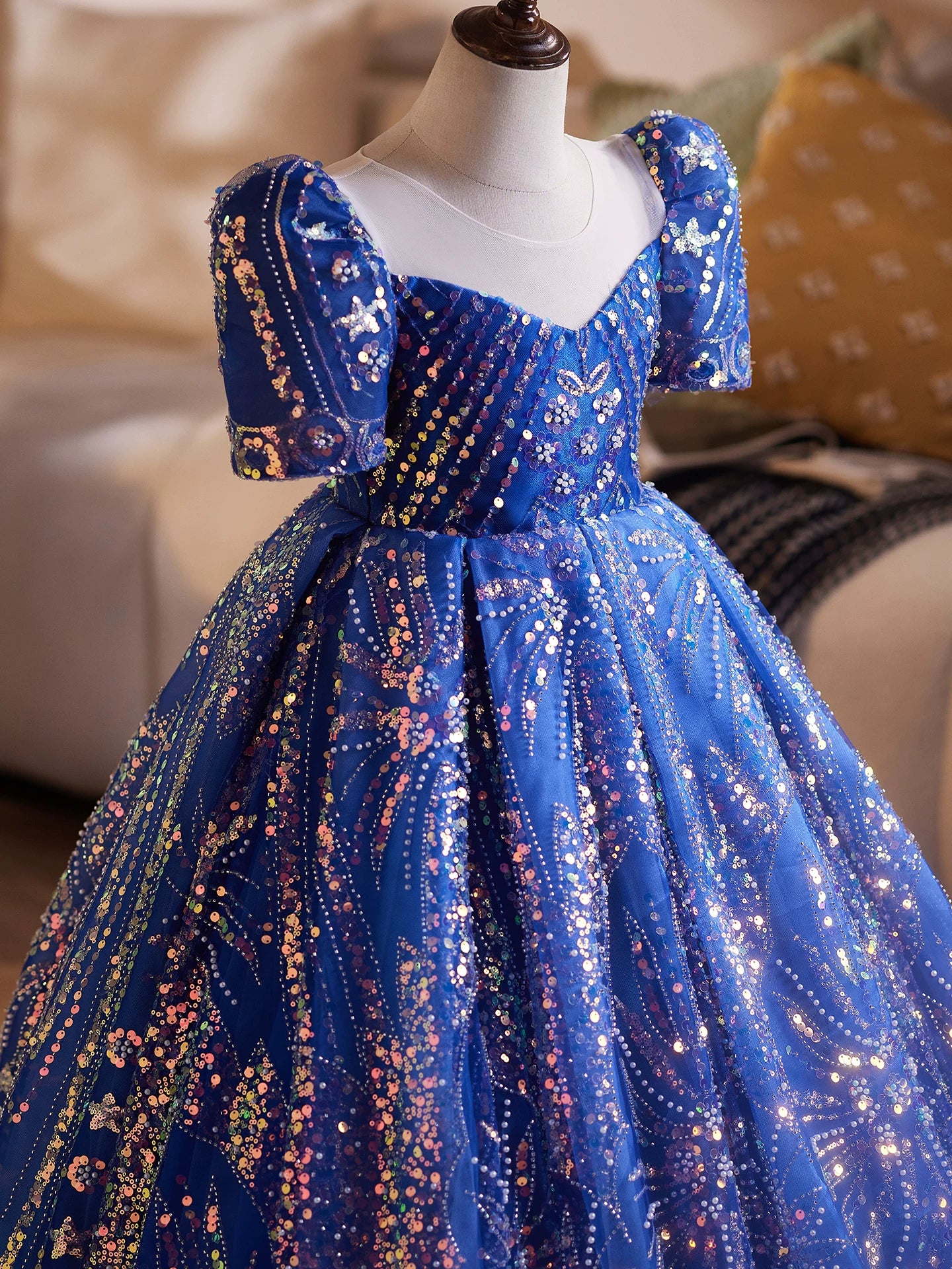 Blue Sparkling Sequin Maxi Princess Dress for Girls 3-12 Years | Party & Flower Girl Gown