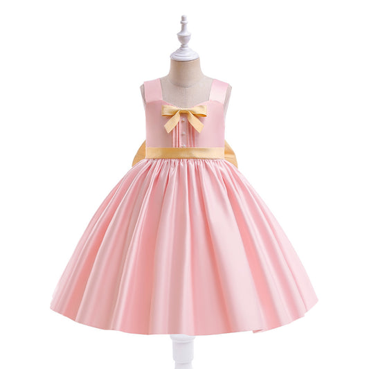 Tea-Length Satin Princess Dress with Bow for Girls (Ages 3-8) – Perfect for Parties & Weddings